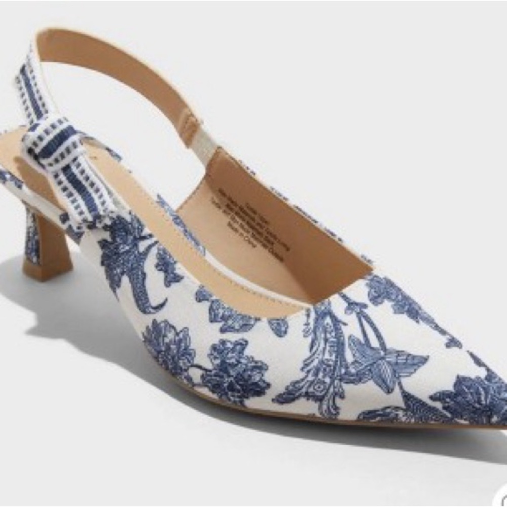 Toile Blue and White Slingback Heels -  A New Day